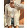 image:imageSHEWIN Crochet Cardigans for Women Long Sleeve Tie Front Bow Cardigan Sweaters Hollow Out Knit Summer Beach Vacation CoverupsBeige