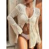 image:imageSHEWIN Crochet Cardigans for Women Long Sleeve Tie Front Bow Cardigan Sweaters Hollow Out Knit Summer Beach Vacation CoverupsBeige