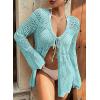 image:imageSHEWIN Crochet Cardigans for Women Long Sleeve Tie Front Bow Cardigan Sweaters Hollow Out Knit Summer Beach Vacation CoverupsMist Blue