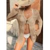 image:imageSHEWIN Crochet Cardigans for Women Long Sleeve Tie Front Bow Cardigan Sweaters Hollow Out Knit Summer Beach Vacation CoverupsParchment
