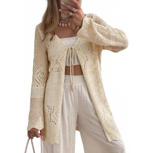 image:imageSHEWIN Crochet Cardigans for Women Long Sleeve Tie Front Bow Cardigan Sweaters Hollow Out Knit Summer Beach Vacation CoverupsBeige