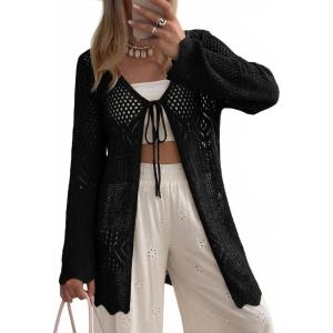 image:imageSHEWIN Crochet Cardigans for Women Long Sleeve Tie Front Bow Cardigan Sweaters Hollow Out Knit Summer Beach Vacation CoverupsBlack