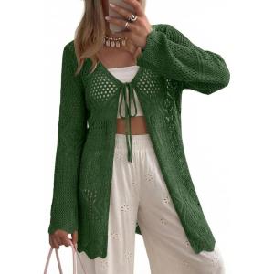 image:imageSHEWIN Crochet Cardigans for Women Long Sleeve Tie Front Bow Cardigan Sweaters Hollow Out Knit Summer Beach Vacation CoverupsBlackish Green