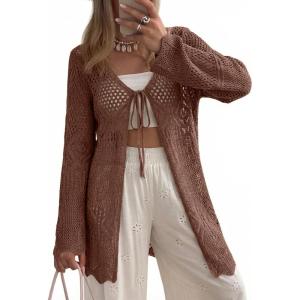 image:imageSHEWIN Crochet Cardigans for Women Long Sleeve Tie Front Bow Cardigan Sweaters Hollow Out Knit Summer Beach Vacation CoverupsCoffee