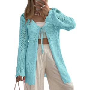 image:imageSHEWIN Crochet Cardigans for Women Long Sleeve Tie Front Bow Cardigan Sweaters Hollow Out Knit Summer Beach Vacation CoverupsMist Blue