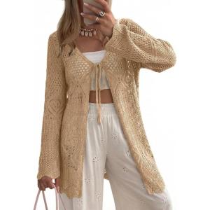 image:imageSHEWIN Crochet Cardigans for Women Long Sleeve Tie Front Bow Cardigan Sweaters Hollow Out Knit Summer Beach Vacation CoverupsParchment