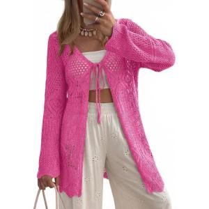 image:imageSHEWIN Crochet Cardigans for Women Long Sleeve Tie Front Bow Cardigan Sweaters Hollow Out Knit Summer Beach Vacation CoverupsRose Red