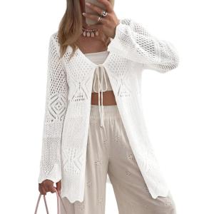 image:imageSHEWIN Crochet Cardigans for Women Long Sleeve Tie Front Bow Cardigan Sweaters Hollow Out Knit Summer Beach Vacation CoverupsWhite