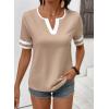 image:imageSHEWIN Womens Summer Tops Cotton V Neck Short Sleeve TShirts Colorblock Casual Tees 2026 ClothesA Apricot