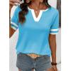 image:imageSHEWIN Womens Summer Tops Cotton V Neck Short Sleeve TShirts Colorblock Casual Tees 2026 ClothesA Blue
