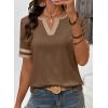image:imageSHEWIN Womens Summer Tops Cotton V Neck Short Sleeve TShirts Colorblock Casual Tees 2026 ClothesA Brown