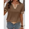 image:imageSHEWIN Womens Summer Tops Cotton V Neck Short Sleeve TShirts Colorblock Casual Tees 2026 ClothesA Brown