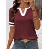 image:imageSHEWIN Womens Summer Tops Cotton V Neck Short Sleeve TShirts Colorblock Casual Tees 2026 ClothesA Burgundy