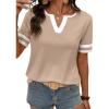 image:imageSHEWIN Womens Summer Tops Cotton V Neck Short Sleeve TShirts Colorblock Casual Tees 2026 ClothesA Apricot