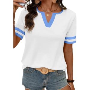 image:imageSHEWIN Womens Summer Tops Cotton V Neck Short Sleeve TShirts Colorblock Casual Tees 2026 ClothesA Blue and White