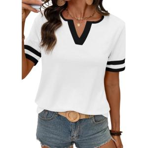 image:imageSHEWIN Womens Summer Tops Cotton V Neck Short Sleeve TShirts Colorblock Casual Tees 2026 ClothesA White