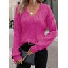 image:imageSHEWIN Womens Sweaters Casual V Neck Long Sleeve Cable Knit Crochet Sweater Spring Outfits for Women 2026Rose Red