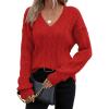 image:imageSHEWIN Womens Sweaters Casual V Neck Long Sleeve Cable Knit Crochet Sweater Spring Outfits for Women 2026Red