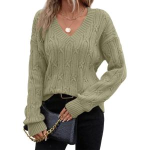 image:imageSHEWIN Womens Sweaters Casual V Neck Long Sleeve Cable Knit Crochet Sweater Spring Outfits for Women 2026Grass Green