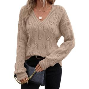image:imageSHEWIN Womens Sweaters Casual V Neck Long Sleeve Cable Knit Crochet Sweater Spring Outfits for Women 2026Khaki