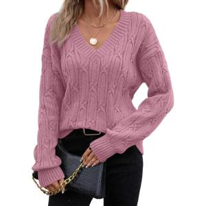image:imageSHEWIN Womens Sweaters Casual V Neck Long Sleeve Cable Knit Crochet Sweater Spring Outfits for Women 2026Pink