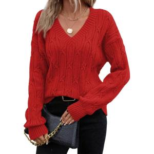 image:imageSHEWIN Womens Sweaters Casual V Neck Long Sleeve Cable Knit Crochet Sweater Spring Outfits for Women 2026Red