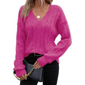 image:imageSHEWIN Womens Sweaters Casual V Neck Long Sleeve Cable Knit Crochet Sweater Spring Outfits for Women 2026Rose Red