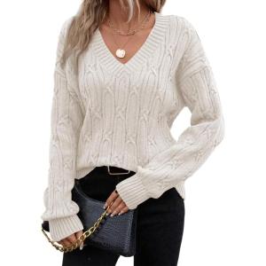 image:imageSHEWIN Womens Sweaters Casual V Neck Long Sleeve Cable Knit Crochet Sweater Spring Outfits for Women 2026White