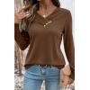 image:imageSHEWIN Women Long Sleeve Lightweight Tunic Tops Casual V Neck Pleated Button Warm Tee Shirts 2026Coffee