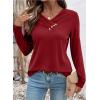 image:imageSHEWIN Women Long Sleeve Lightweight Tunic Tops Casual V Neck Pleated Button Warm Tee Shirts 2026Red