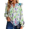 image:imageSHEWIN Womens Blouses Split V Neck Mixed Floral Print Long Sleeve Chiffon Fall Tops Striped Trim ShirtsForal Green