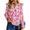 image:imageSHEWIN Womens Blouses Split V Neck Mixed Floral Print Long Sleeve Chiffon Fall Tops Striped Trim ShirtsForal Pink