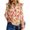image:imageSHEWIN Womens Blouses Split V Neck Mixed Floral Print Long Sleeve Chiffon Fall Tops Striped Trim ShirtsForal Yellow