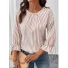 image:imageSHEWIN Womens Blouses Summer Striped Crewneck 34 Tie Sleeve Tops with Button Decoration On BackBrown Stripe