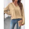 image:imageSHEWIN Womens Casual V Neck Sweatshirt Long Sleeve Lightweight Drop Shoulder Solid Pullover TopsKhaki