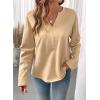 image:imageSHEWIN Womens Casual V Neck Sweatshirt Long Sleeve Lightweight Drop Shoulder Solid Pullover TopsKhaki