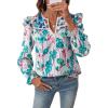 image:imageSHEWIN Womens Blouses Split V Neck Mixed Floral Print Long Sleeve Chiffon Fall Tops Striped Trim ShirtsForal Blue