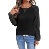 image:imageSHEWIN Womens Waffle Knit Tops Casual Crewneck Contrast Long Sleeve Shirts Loose Blouses Pullover Tunic TopBlack