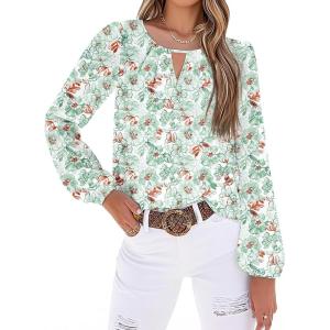 image:imageSHEWIN Blouses for Women Dressy Casual Floral Print Boho Long Sleeve Shirts Fall Tops for Women 2025Green