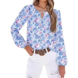 image:imageSHEWIN Blouses for Women Dressy Casual Floral Print Boho Long Sleeve Shirts Fall Tops for Women 2025Light Blue