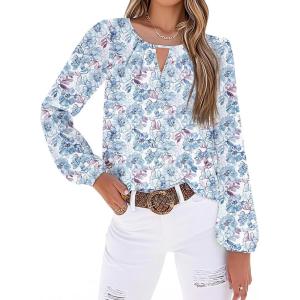 image:imageSHEWIN Blouses for Women Dressy Casual Floral Print Boho Long Sleeve Shirts Fall Tops for Women 2025Sky Blue