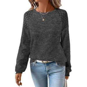 image:imageSHEWIN Fall Women Long Sleeve Tops Waffle Knit Shirts Multicolor Fabric Blouses 2026Black
