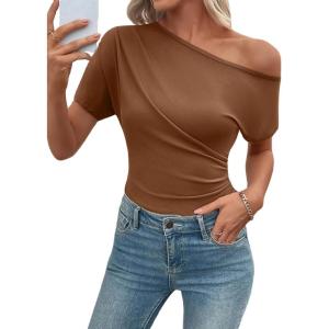 image:imageSHEWIN Going Out Tops for Women Sexy Short Sleeve Off Shoulder Top Pullover Womens Summer Tops 2026Chestnut
