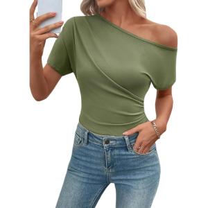 image:imageSHEWIN Going Out Tops for Women Sexy Short Sleeve Off Shoulder Top Pullover Womens Summer Tops 2026Moss Green