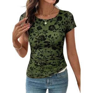 image:imageSHEWIN Shirts for Women Crew Neck Floral Short Sleeve Blouses Floral Mesh Top Summer Tops for Women 2026Greenrun Small order One Size Up