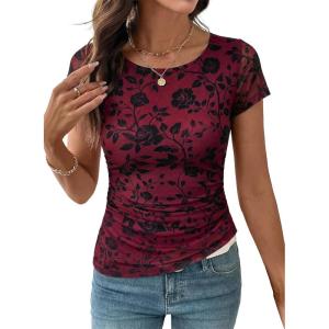 image:imageSHEWIN Shirts for Women Crew Neck Floral Short Sleeve Blouses Floral Mesh Top Summer Tops for Women 2026Purplerun Small order One Size Up