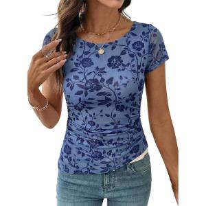 image:imageSHEWIN Shirts for Women Crew Neck Floral Short Sleeve Blouses Floral Mesh Top Summer Tops for Women 2026Sky Bluerun Small order One Size Up
