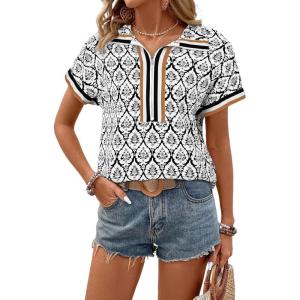 image:imageSHEWIN Women Boho Woven NonStretch Shirts Summer Half Zip Tops Business Casual 2026Black