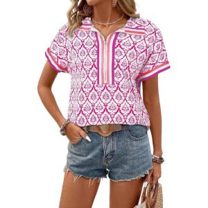 image:imageSHEWIN Women Boho Woven NonStretch Shirts Summer Half Zip Tops Business Casual 2026Hot Pink