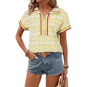 image:imageSHEWIN Women Boho Woven NonStretch Shirts Summer Half Zip Tops Business Casual 2026Yellow